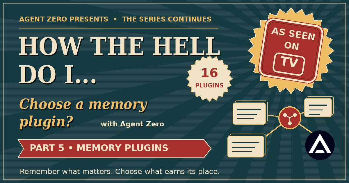Retro How the Hell Do I cover asking Choose a memory plugin, with 16 plugins badge, memory cards and Agent Zero logo