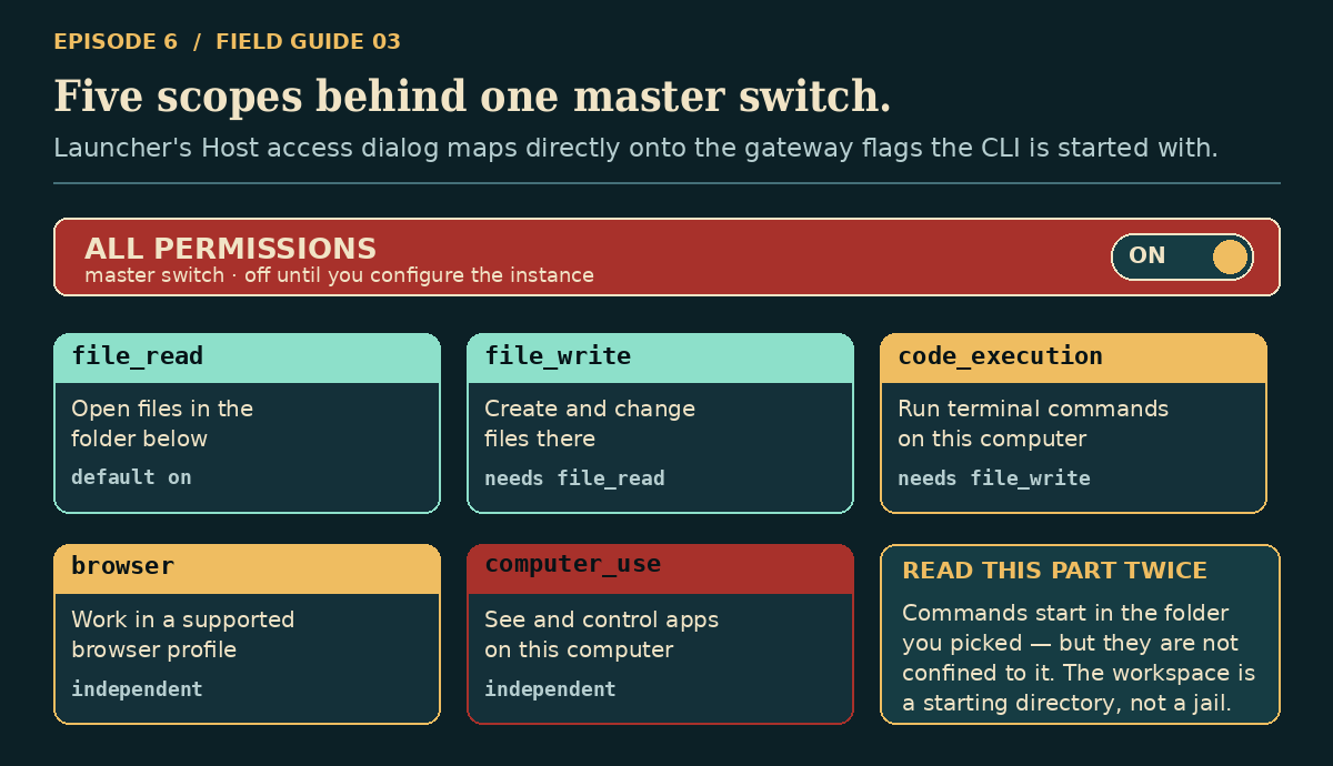 Five scopes behind one master switch: file_read, file_write, code_execution, browser and computer_use