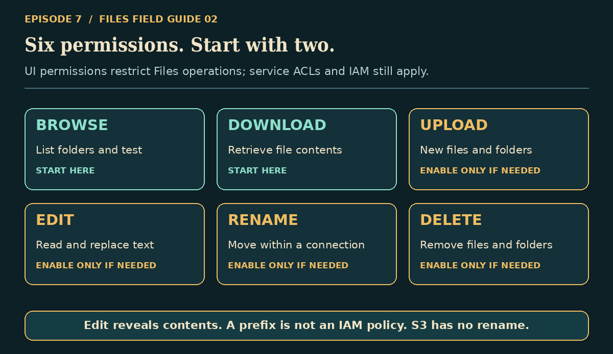 Six independent Files permissions, with browse and download as the starting pair and mutations deliberately separate