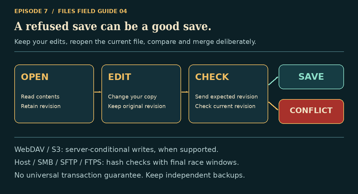 Safe-save diagram: retain the revision when opening, compare it when saving, and stop on conflict rather than overwrite blindly
