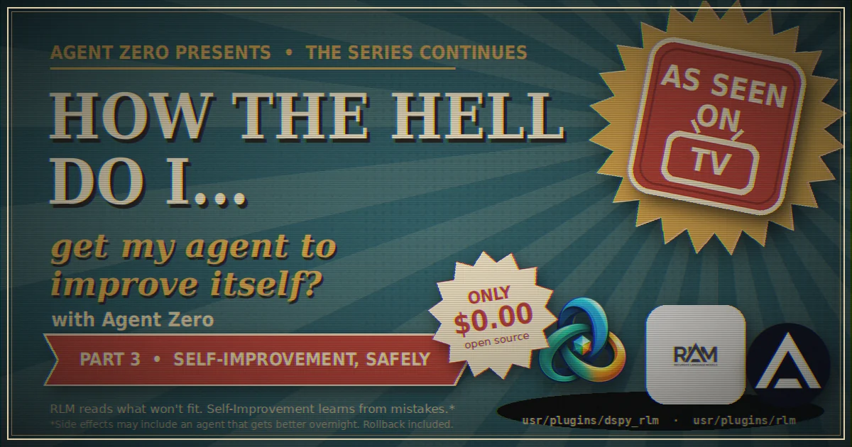 Vintage 'As Seen on TV' style cover reading How the hell do I get my agent to improve itself, Part 3 Self-Improvement, Safely, with the A0 Self-Improvement and RLM plugin logos and the Agent Zero mark