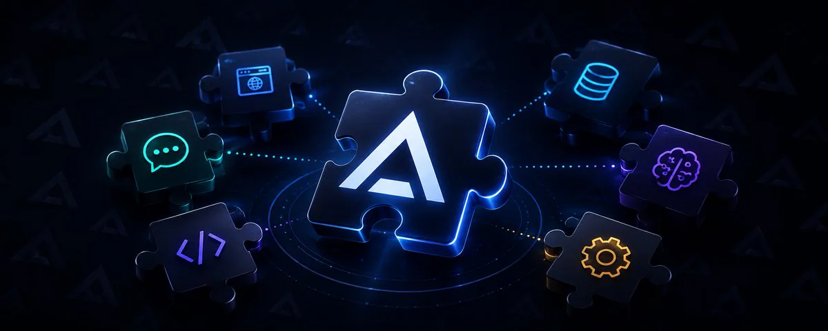 Agent Zero logo on a central puzzle piece connected to plugin capability pieces