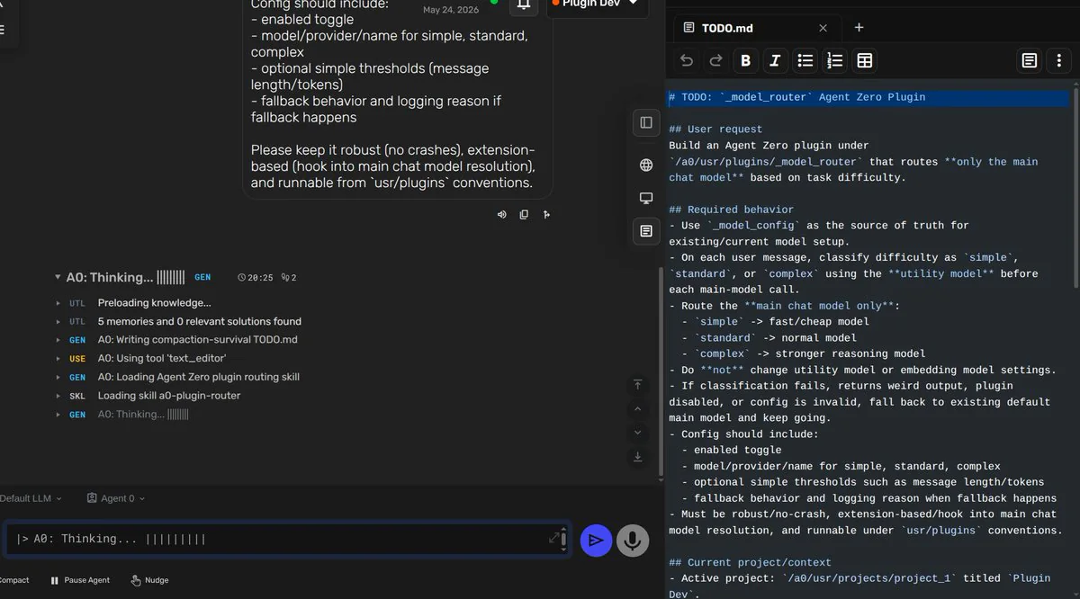 Agent Zero writing a detailed TODO.md while working on a model-router plugin