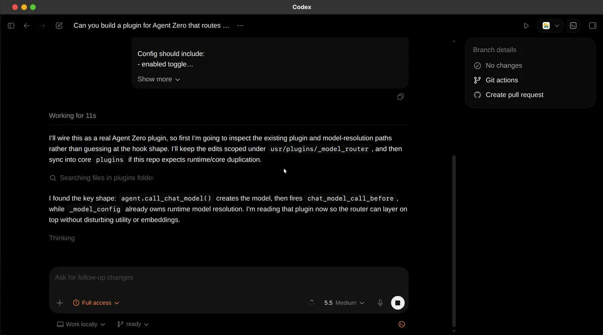 Codex inspecting Agent Zero plugin files with a detailed progress checklist