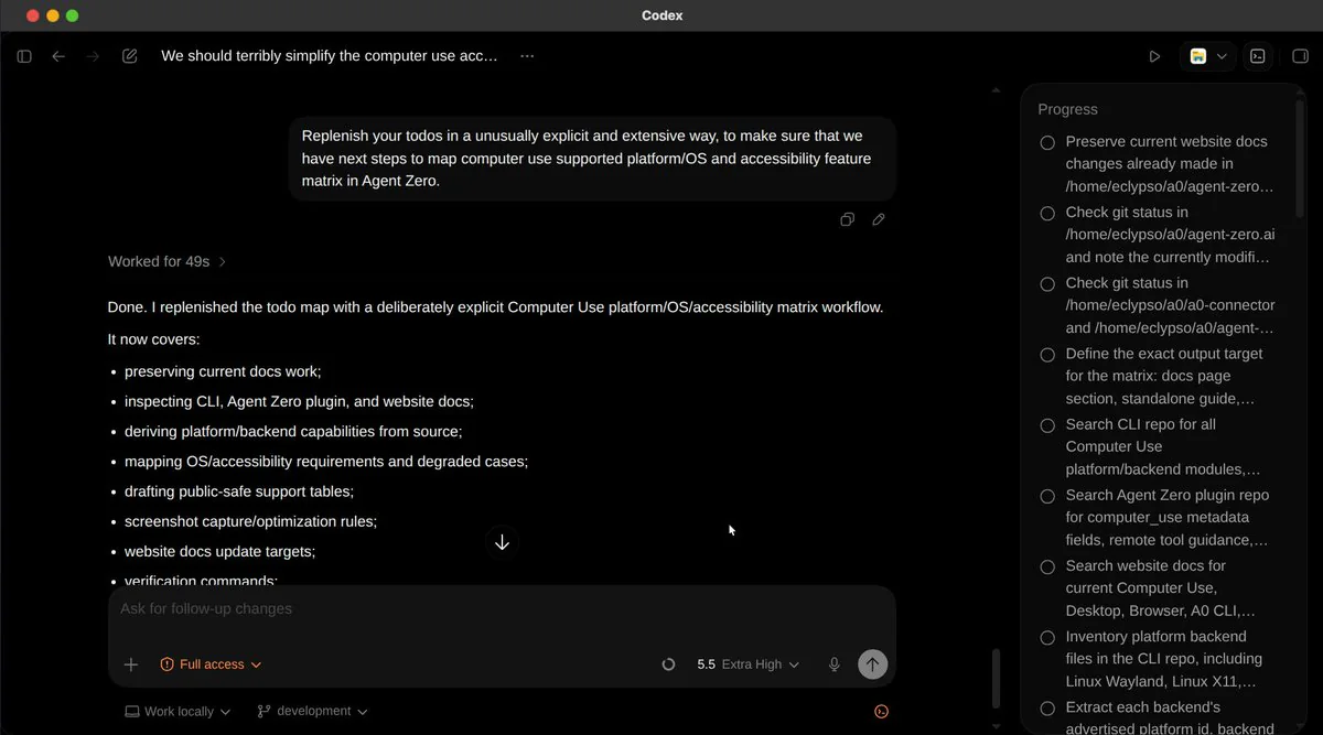 Codex replenishing an explicit Computer Use documentation task list