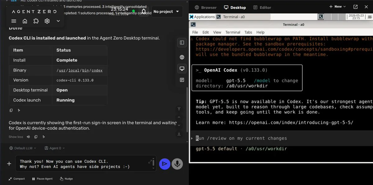 OpenAI Codex CLI running inside the Agent Zero Linux desktop