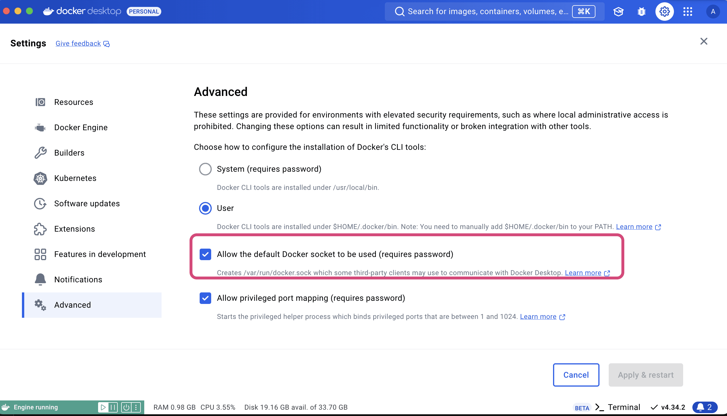 Docker socket configuration