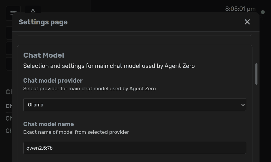 Ollama local models settings