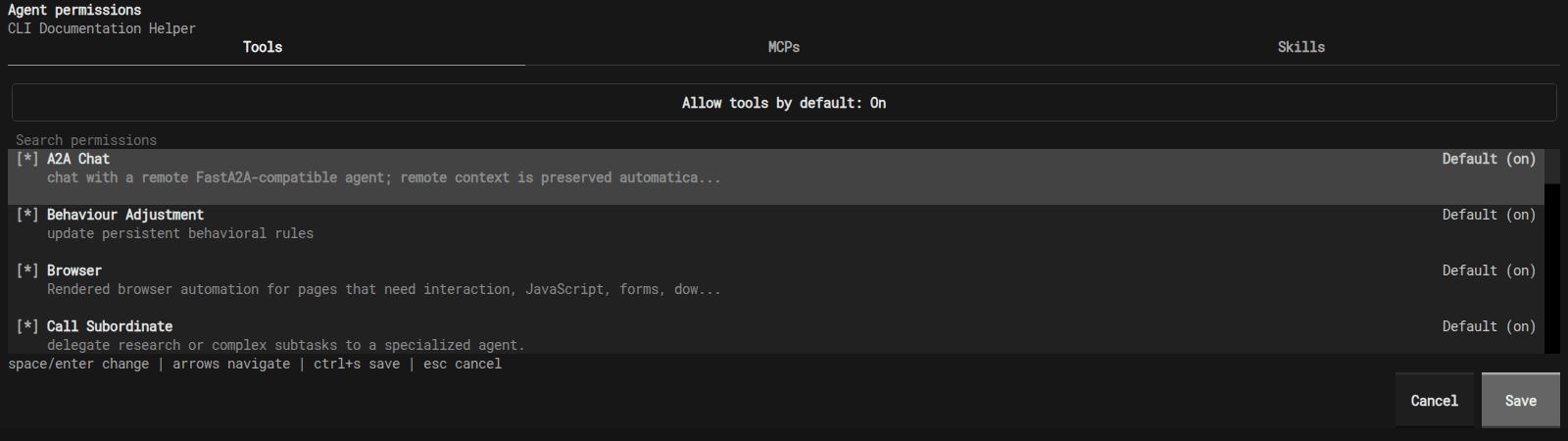 A0 CLI permission editor with Tools, MCPs, and Skills tabs