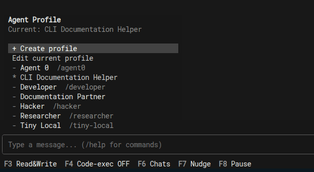 A0 CLI profile menu with the current profile selected