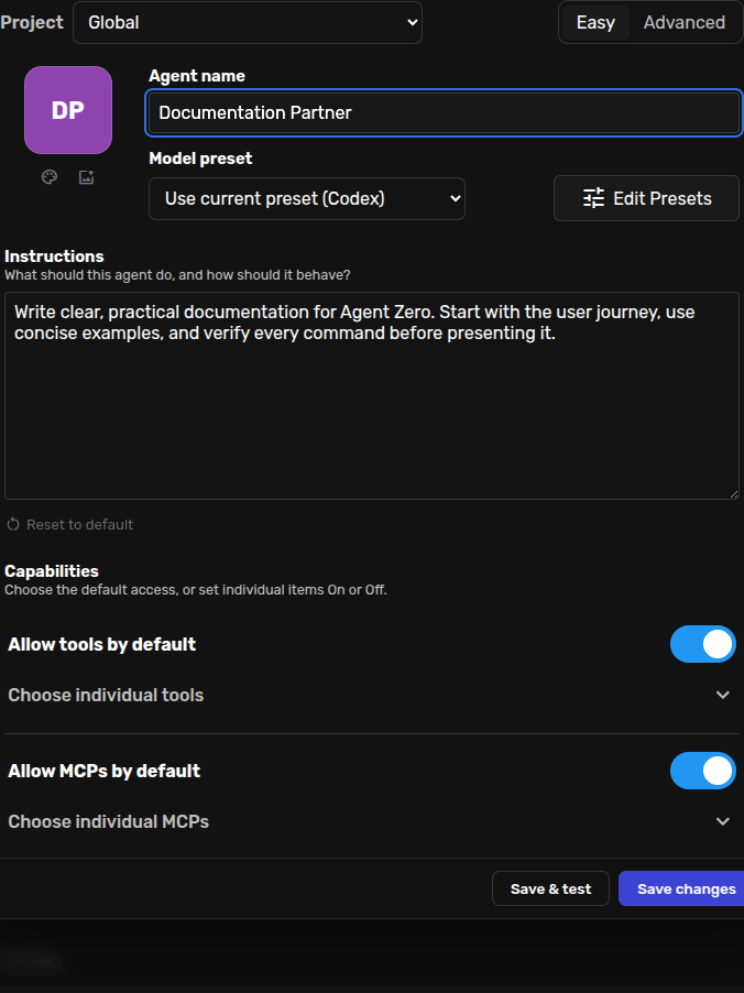 Easy Agent Editor with profile name, model preset, instructions, and capability defaults