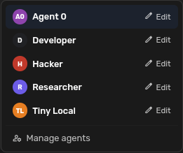 Profile menu with profile rows, Edit actions, and Manage agents