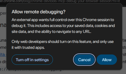 Host browser remote debugging allow prompt