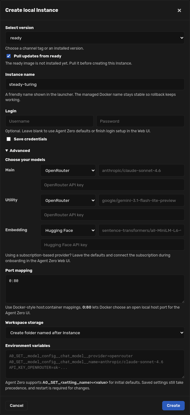 Create local Instance dialog with Advanced options expanded