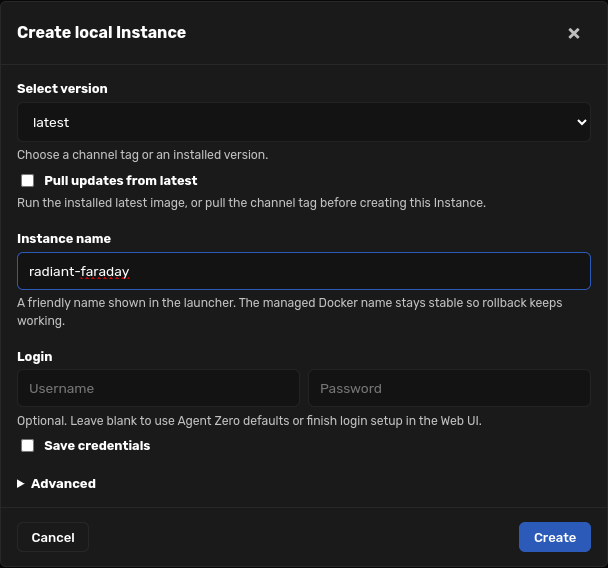 Create local Instance dialog with latest selected