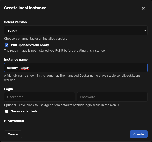 Create local Instance dialog with ready selected
