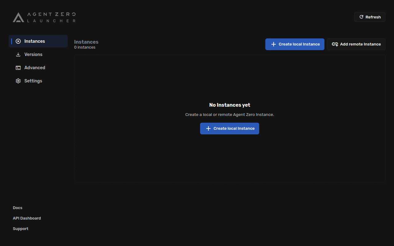 Launcher Instances view with no Instances yet and a Create local Instance button