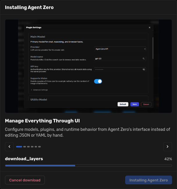 Installing Agent Zero progress dialog during the first image download