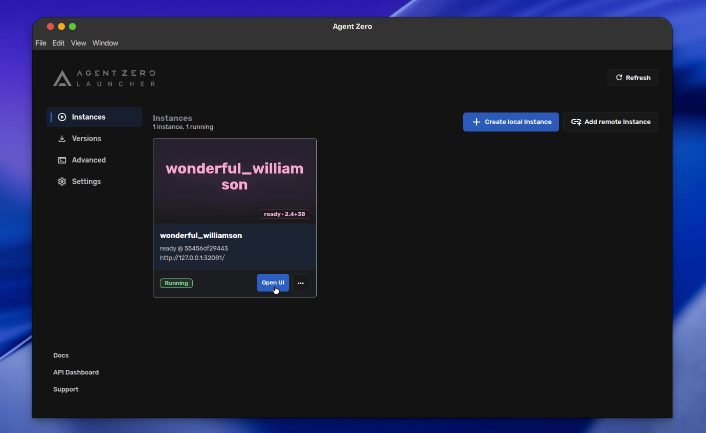 Launcher Instances page with the Open UI button on a running Instance