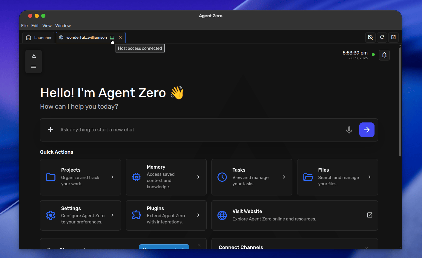 Open Agent Zero Instance tab with the Host access computer icon in the Launcher tab bar