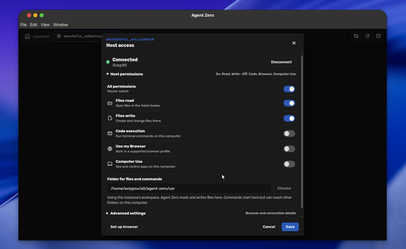 Host access panel showing granular file, terminal, browser, and Computer Use permissions