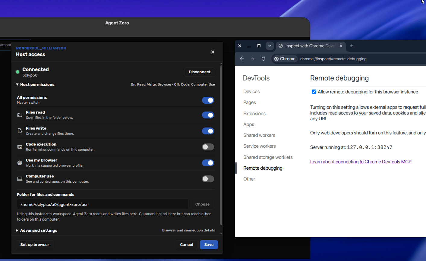 Host access panel beside Chrome remote debugging settings