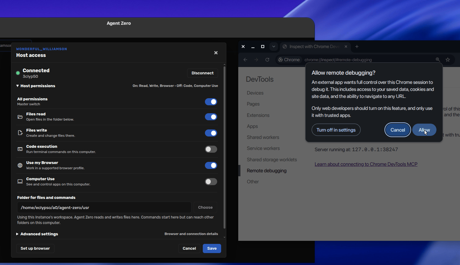 Chrome confirmation dialog asking to allow remote debugging for the browser instance
