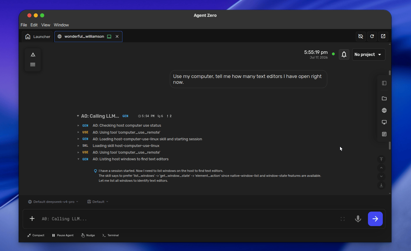 Agent Zero using Host access to answer a question about open text editors