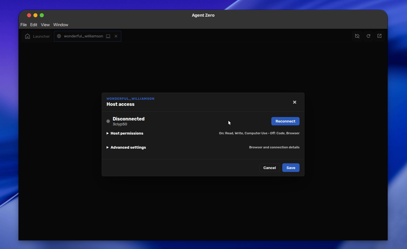 Host access panel showing a disconnected state with Reconnect available