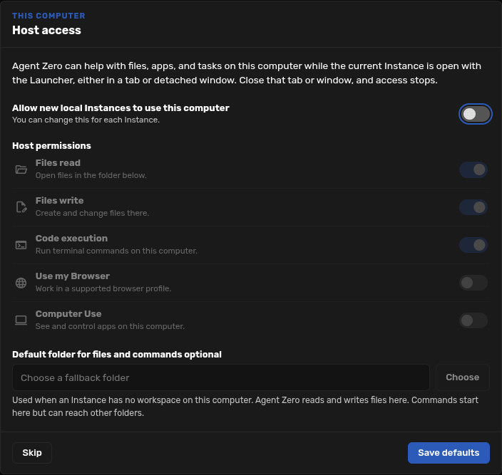 Host access onboarding with Allow new local Instances switched off