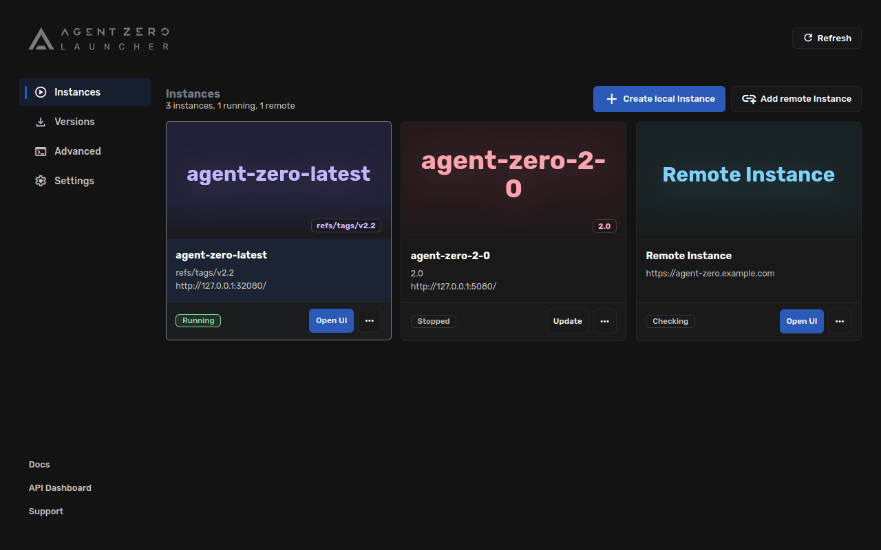 Launcher Instances view showing local and remote Instance cards
