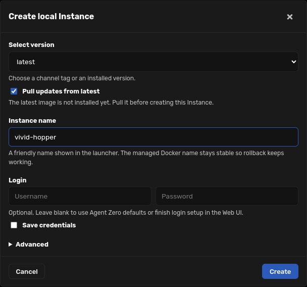 Create local Instance dialog opened from Download Agent Zero
