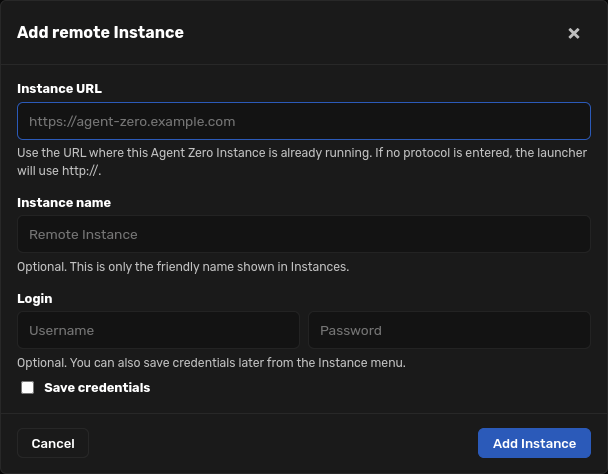 Add remote Instance dialog opened from first-run onboarding
