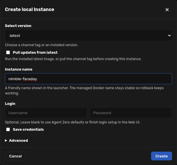 Create local Instance dialog opened from Run Agent Zero