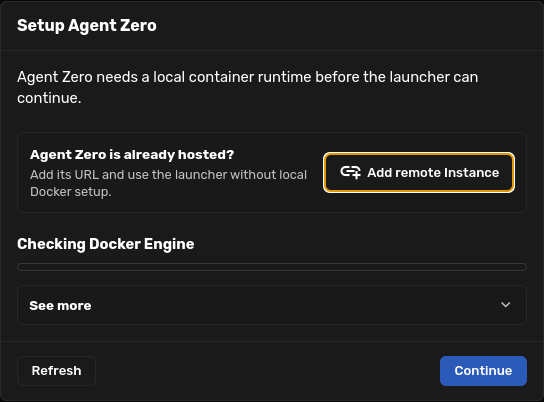 Launcher runtime setup dialog with Add remote Instance