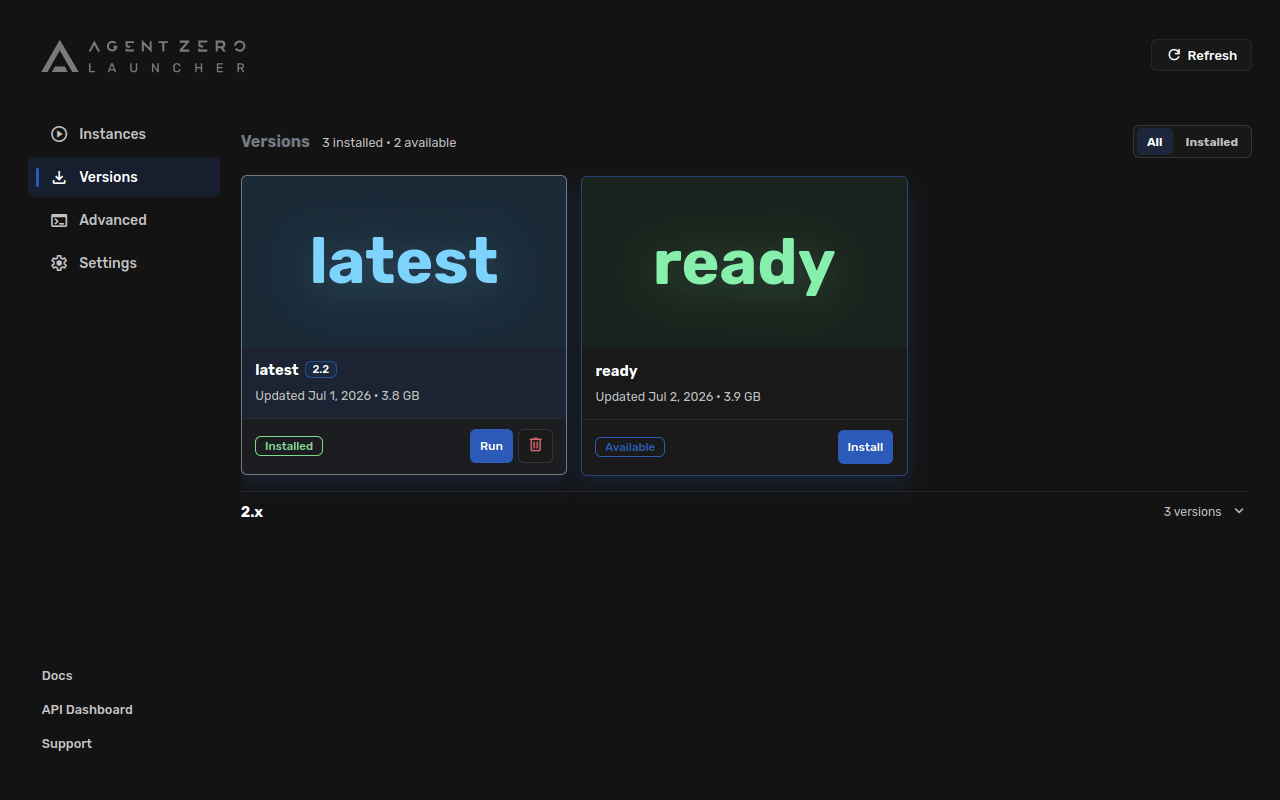Launcher Versions view with latest and ready cards