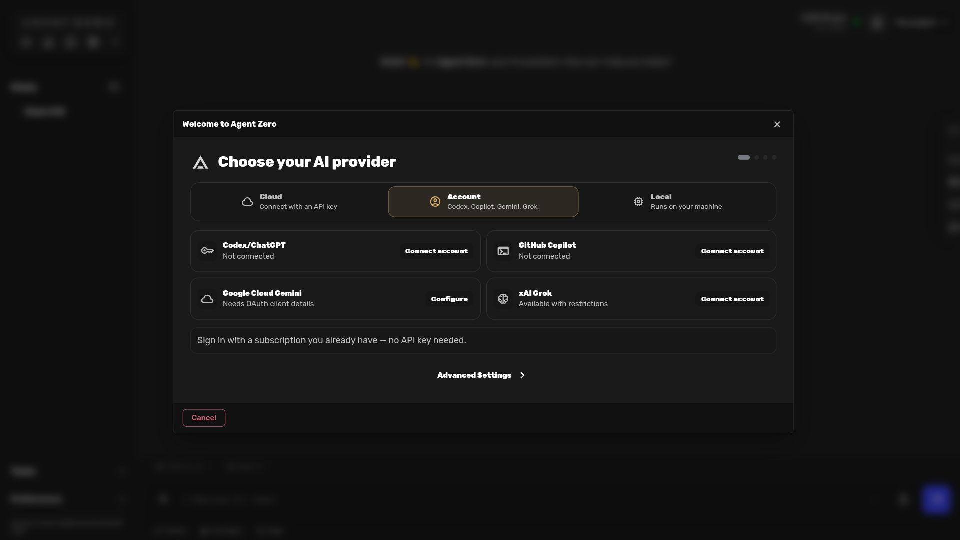 AI account picker with Codex, Copilot, Google Cloud Gemini, and Grok
