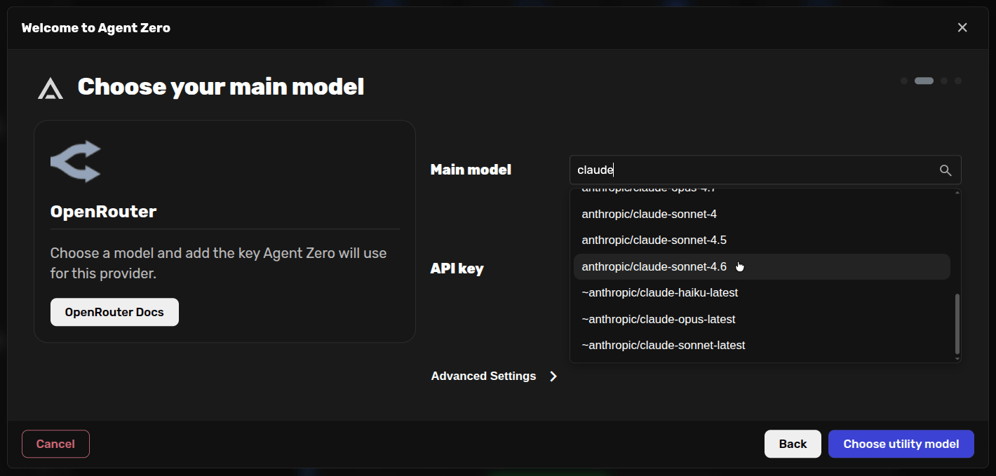 Onboarding model dropdown with model choices