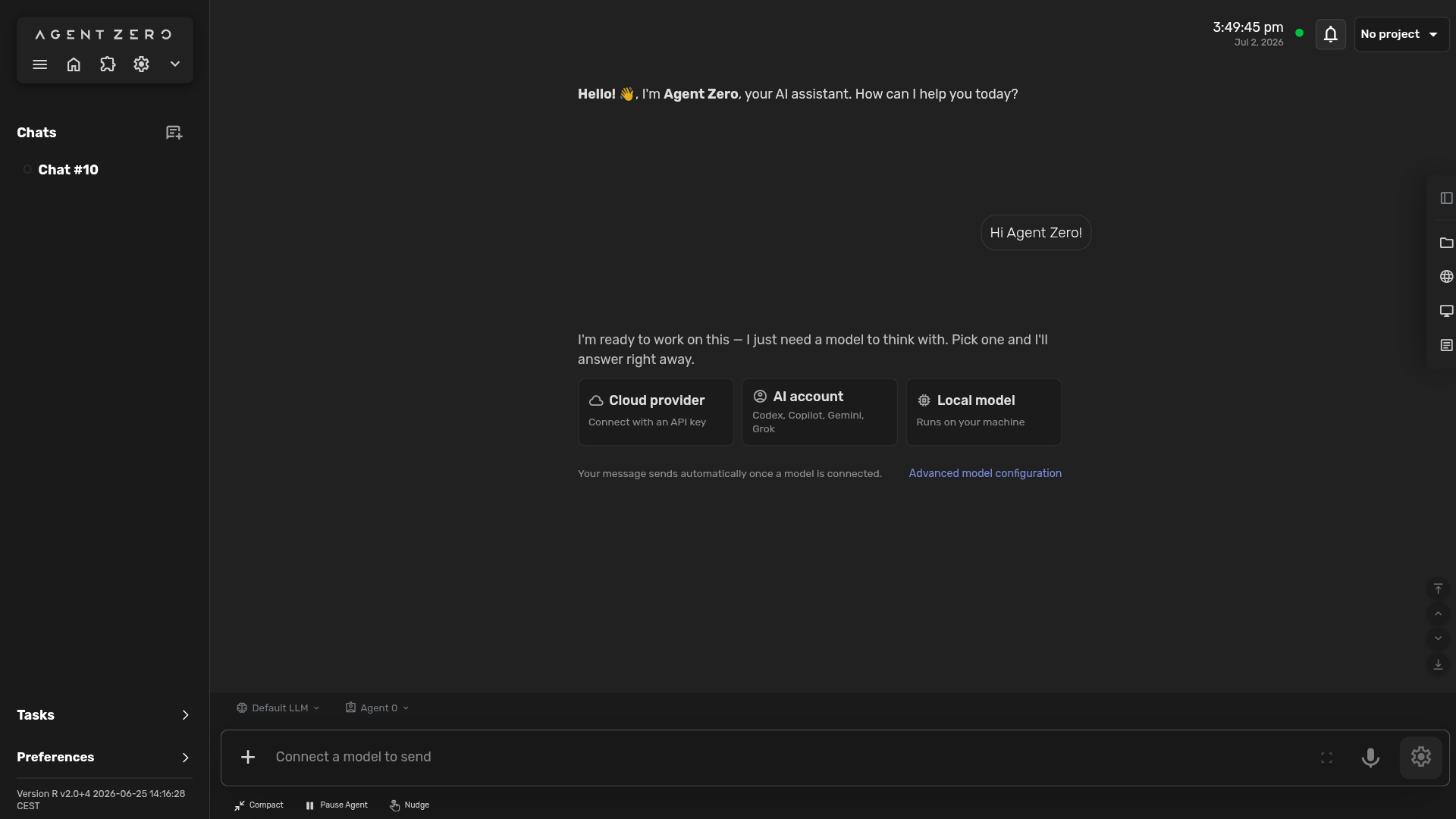 Chat model gate with Cloud provider, AI account, and Local model choices