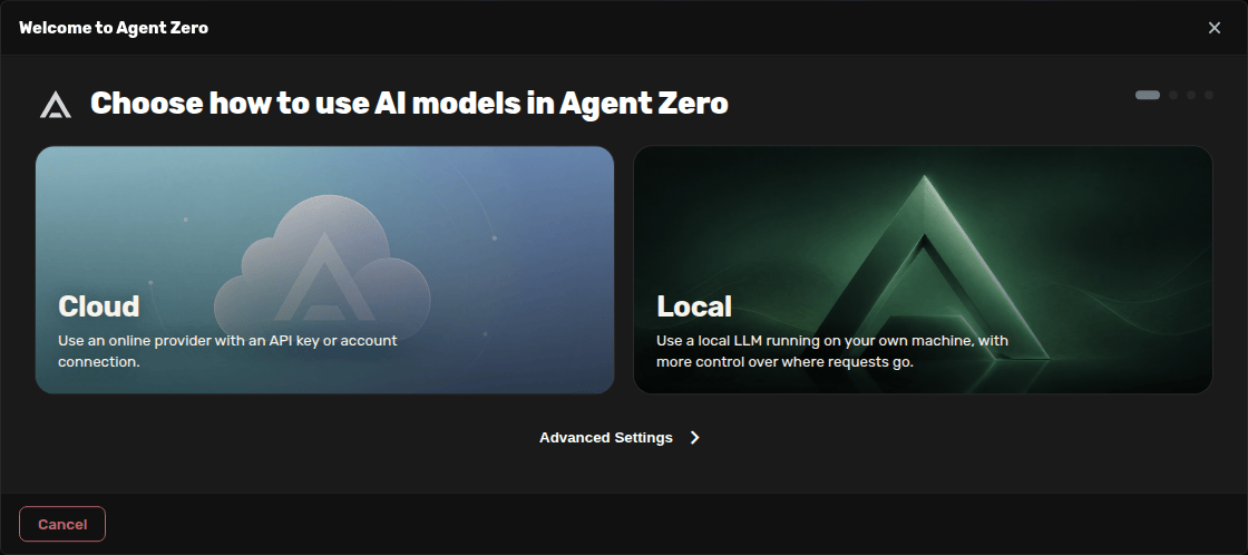 Agent Zero onboarding screen with Cloud and Local choices