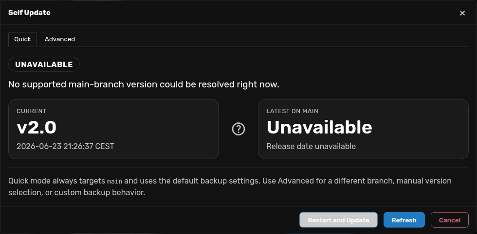 Self Update modal showing the current v2.0 state